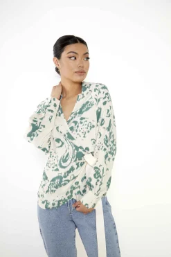 Glamorous Blouses & Shirts|Cream Green Abstract Oversized Blouse with Wrap Tie -