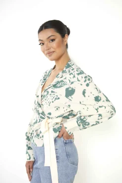 Glamorous Blouses & Shirts|Cream Green Abstract Oversized Blouse with Wrap Tie -