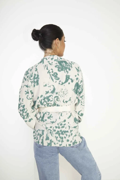 Glamorous Blouses & Shirts|Cream Green Abstract Oversized Blouse with Wrap Tie -