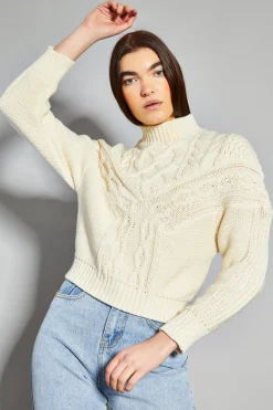 Glamorous Jumpers|Cream High Neck Cable Knit Jumper -