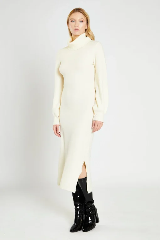 Glamorous Workwear|Day Dresses|Cream Knitted High Neck Midi Dress -