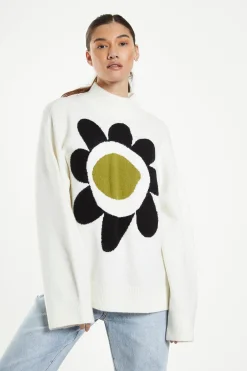 Glamorous Jumpers|Cream Large Flower Knitted Oversized Jumper -