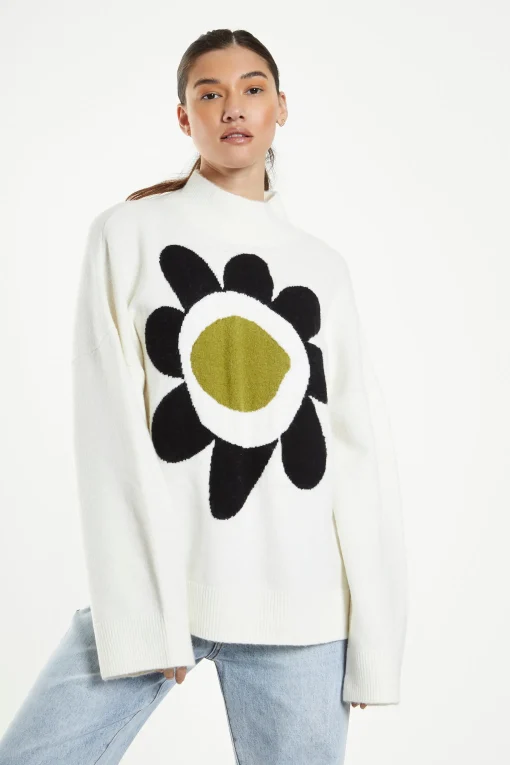 Glamorous Jumpers|Cream Large Flower Knitted Oversized Jumper -