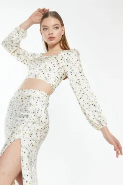 Glamorous Best Dressed Guest|Cream Lilac Floral Square Neck Top with Long Sleeves -