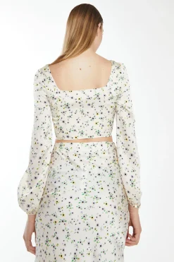 Glamorous Best Dressed Guest|Cream Lilac Floral Square Neck Top with Long Sleeves -