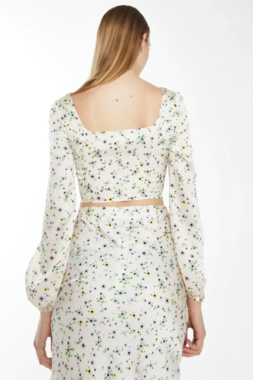 Glamorous Best Dressed Guest|Cream Lilac Floral Square Neck Top with Long Sleeves -