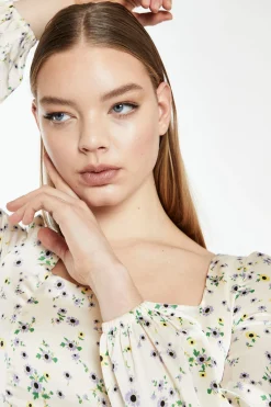 Glamorous Best Dressed Guest|Cream Lilac Floral Square Neck Top with Long Sleeves -