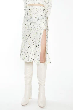 Glamorous Best Dressed Guest|Midi & Midaxi Skirts|Cream Lilac Floral Midi Skirt with Front Side Split -
