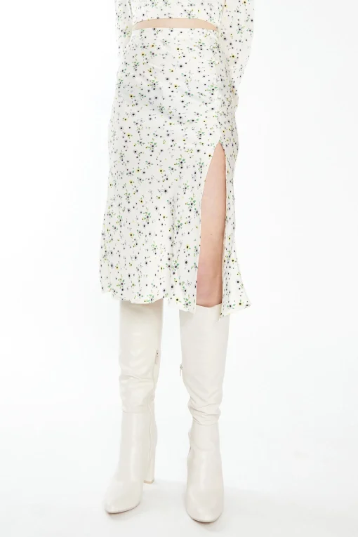 Glamorous Best Dressed Guest|Midi & Midaxi Skirts|Cream Lilac Floral Midi Skirt with Front Side Split -