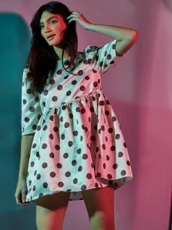 Glamorous Go To Partywear|Mini Dresses|Cream Plum Spot Puff Sleeve Skater Mini Dress -
