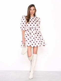 Glamorous Go To Partywear|Mini Dresses|Cream Plum Spot Puff Sleeve Skater Mini Dress -