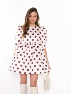 Glamorous Go To Partywear|Mini Dresses|Cream Plum Spot Puff Sleeve Skater Mini Dress -