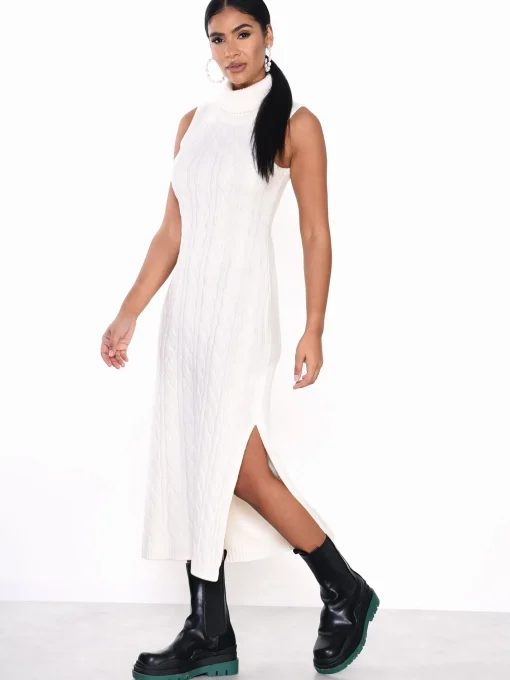 Glamorous Knitted Dresses|Knitted Dresses|Cream side Split High Neck Knit Midi Dress -