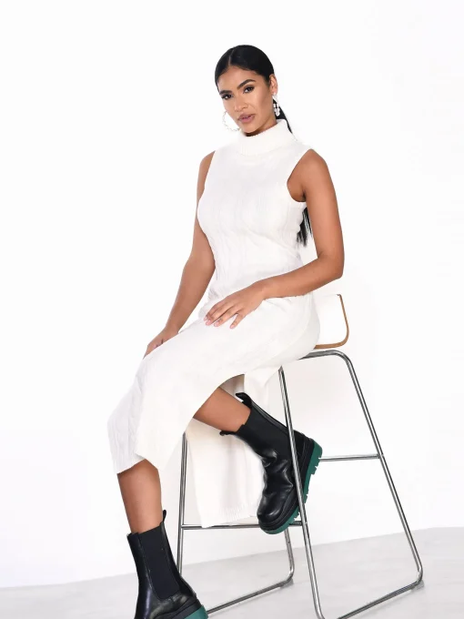 Glamorous Knitted Dresses|Knitted Dresses|Cream side Split High Neck Knit Midi Dress -