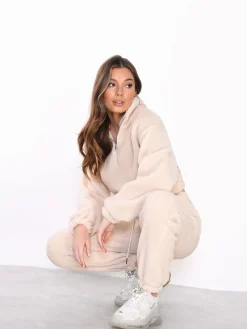Glamorous Jet Setter|Cream Teddy Fur High Waisted Joggers -
