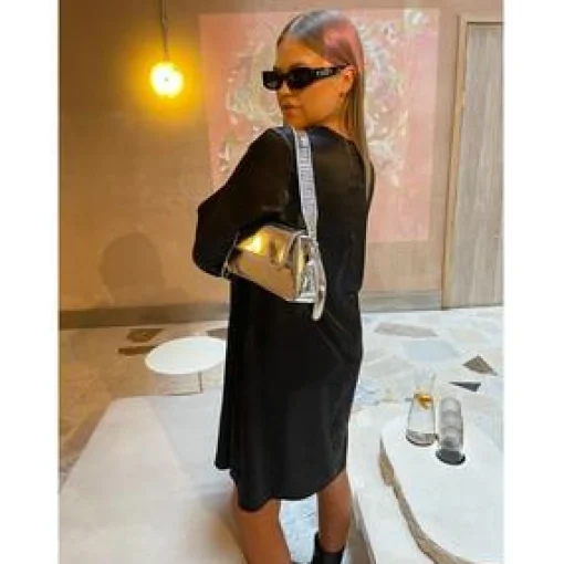 Glamorous Go To Partywear|Satin Dresses|Curve Black Satin Long Sleeve Mini Dress -