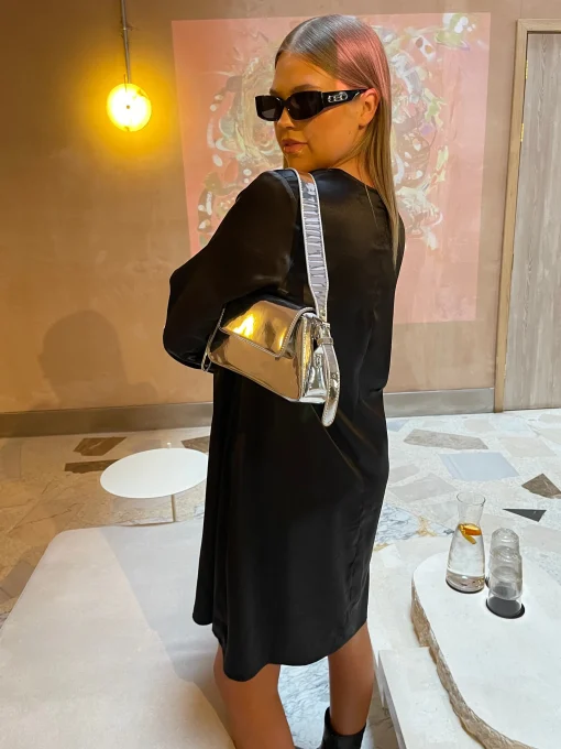 Glamorous Go To Partywear|Satin Dresses|Curve Black Satin Long Sleeve Mini Dress -