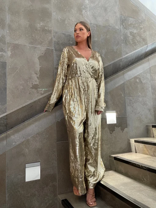 Glamorous Go To Partywear|Glamorous Curve|Curve Gold Sequin Jumpsuit -