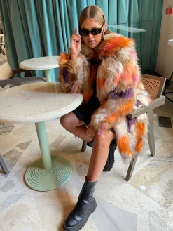 Glamorous Faux Fur & Leather|Glamorous Curve|Curve Orange /Combo Faux Fur Longline Coat -