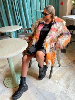 Glamorous Faux Fur & Leather|Glamorous Curve|Curve Orange /Combo Faux Fur Longline Coat -