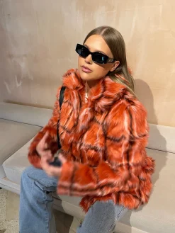 Glamorous Glamorous Curve|Faux Fur & Leather|Curve Red Check Faux Fur Coat with Lapel Collar -