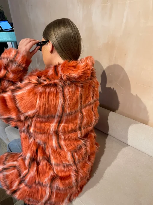 Glamorous Glamorous Curve|Faux Fur & Leather|Curve Red Check Faux Fur Coat with Lapel Collar -