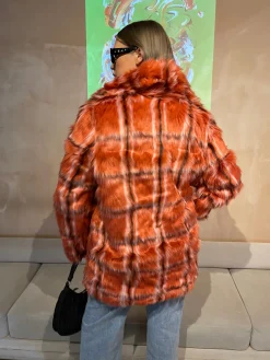 Glamorous Glamorous Curve|Faux Fur & Leather|Curve Red Check Faux Fur Coat with Lapel Collar -