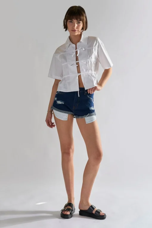 Glamorous Chic Escapes|Denim Shorts|Dark Blue Denim Distressed Shorts -