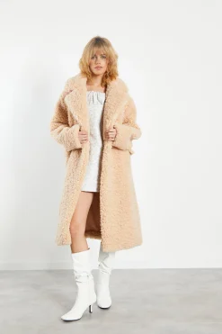 Glamorous Faux Fur & Leather|Coats|Dark Cream Midi Lapel Collar Curly Fur Coat -