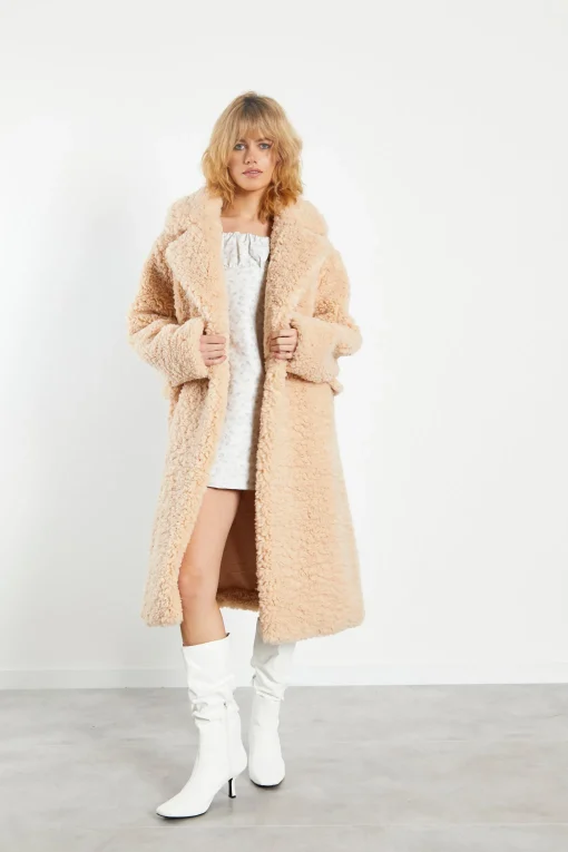 Glamorous Faux Fur & Leather|Coats|Dark Cream Midi Lapel Collar Curly Fur Coat -