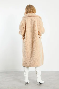 Glamorous Faux Fur & Leather|Coats|Dark Cream Midi Lapel Collar Curly Fur Coat -