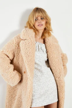 Glamorous Faux Fur & Leather|Coats|Dark Cream Midi Lapel Collar Curly Fur Coat -