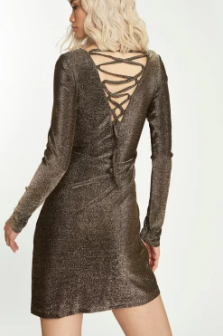Glamorous Go To Partywear|Party Dresses|Dark Gold Glitter Mini Dress with Lace Up Back -