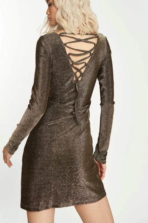 Glamorous Go To Partywear|Party Dresses|Dark Gold Glitter Mini Dress with Lace Up Back -