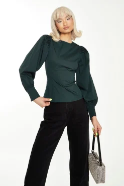 Glamorous Go To Partywear|Dark Green Puff Sleeve Fitted Top -