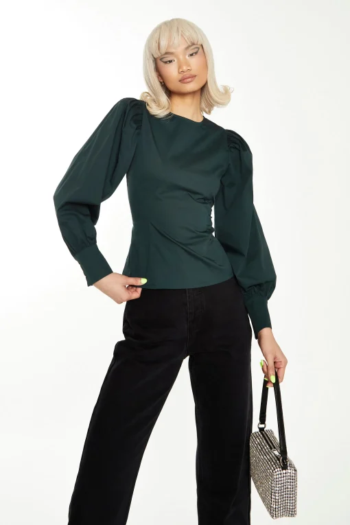 Glamorous Go To Partywear|Dark Green Puff Sleeve Fitted Top -