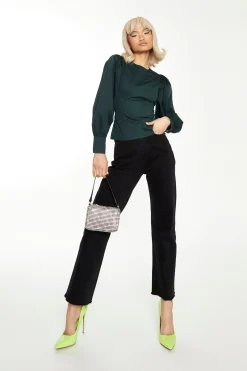 Glamorous Go To Partywear|Dark Green Puff Sleeve Fitted Top -