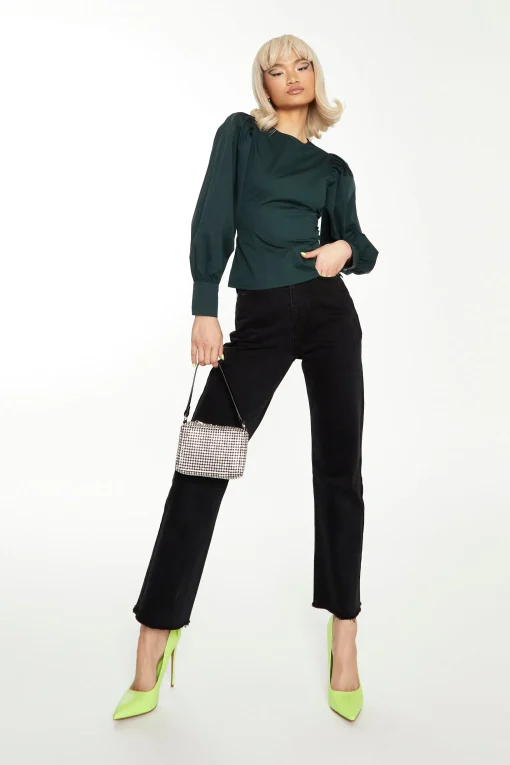 Glamorous Go To Partywear|Dark Green Puff Sleeve Fitted Top -