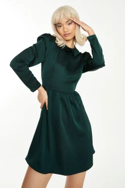 Glamorous Day Dresses|Satin Dresses|Dark Green Satin Collared Skater Mini Dress -