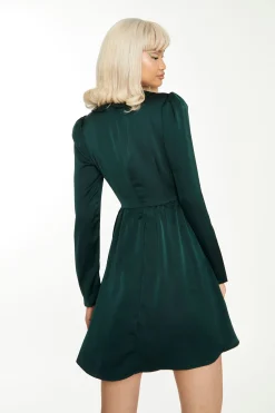 Glamorous Day Dresses|Satin Dresses|Dark Green Satin Collared Skater Mini Dress -