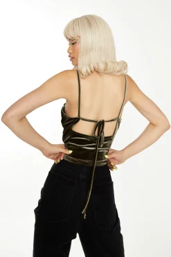Glamorous Going Out Tops|Go To Partywear|Dark Olive Velvet Ruched Cami Top -