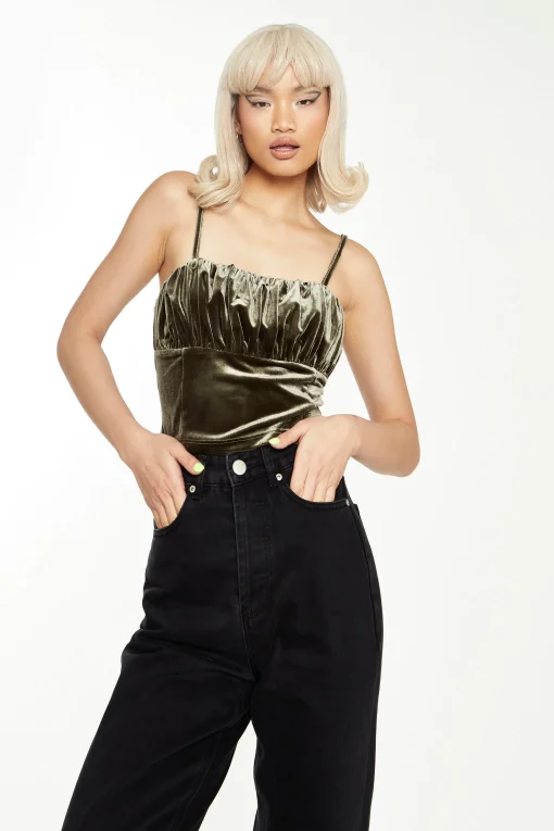 Glamorous Going Out Tops|Go To Partywear|Dark Olive Velvet Ruched Cami Top -