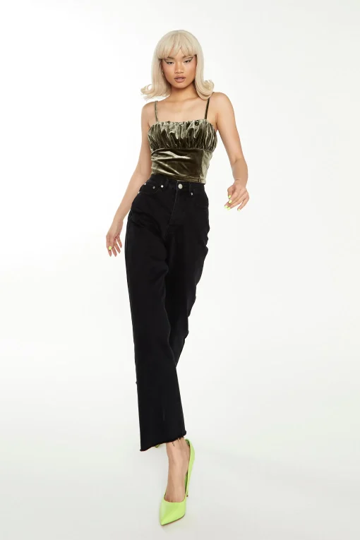 Glamorous Going Out Tops|Go To Partywear|Dark Olive Velvet Ruched Cami Top -