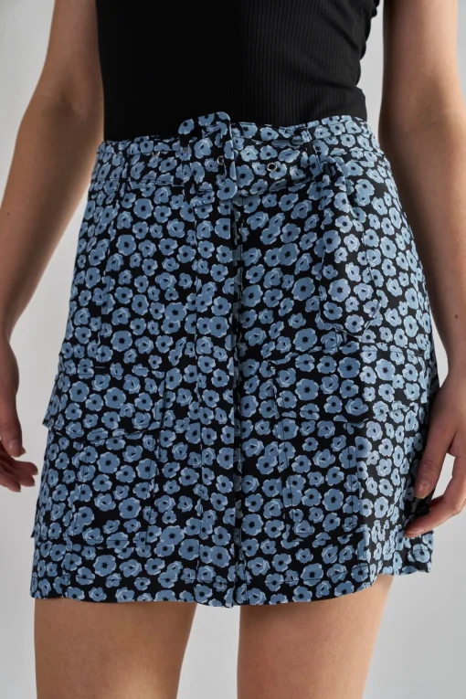 Glamorous Mini Skirts|Dusty Blue Mini Floral Belted Mini Skirt -