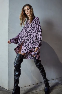Glamorous Go To Partywear|Day Dresses|Dusty Lilac Sketch Animal Print Shirt Dress -