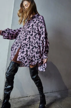 Glamorous Go To Partywear|Day Dresses|Dusty Lilac Sketch Animal Print Shirt Dress -