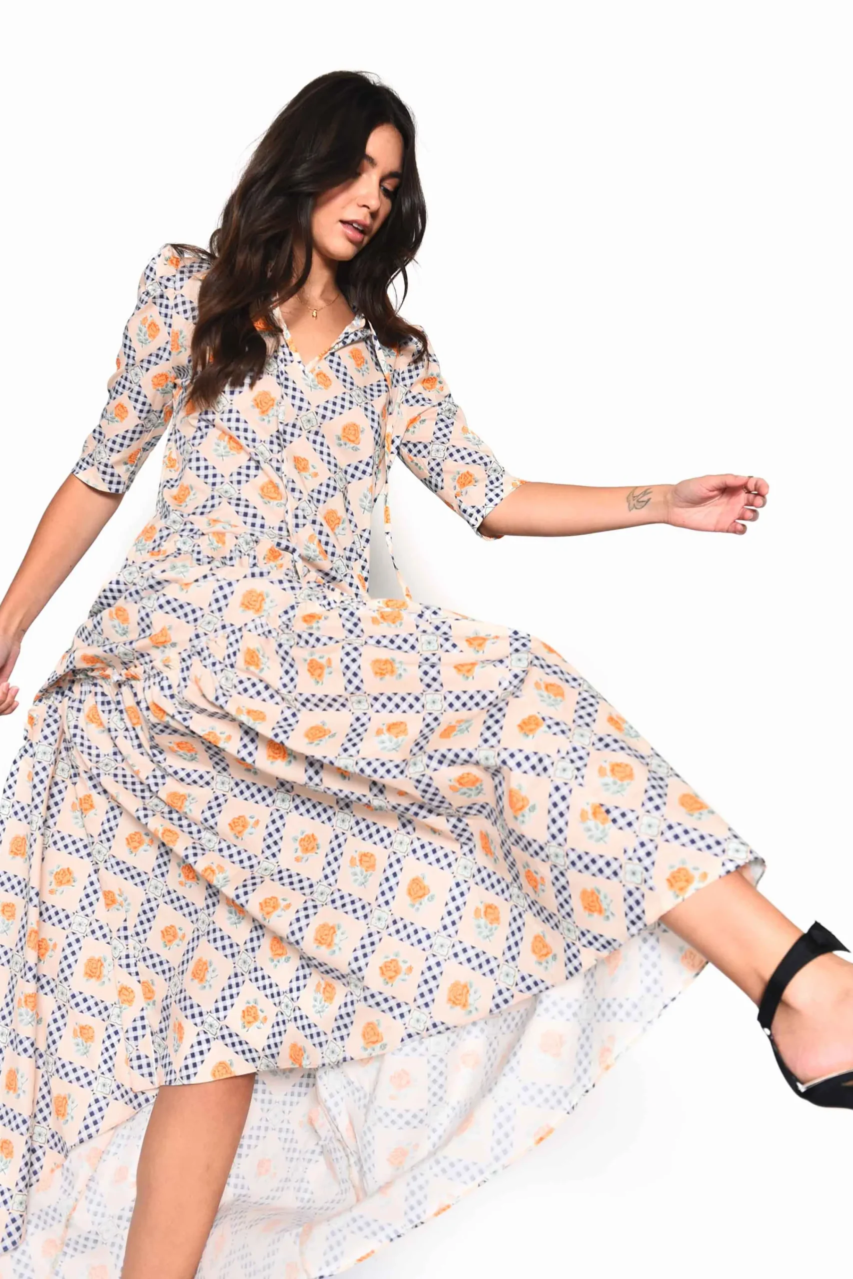 Glamorous Maxi Dresses|Maxi Dresses|Floral Cottage Gingham Tiered Maxi Dress with Frill Neck -