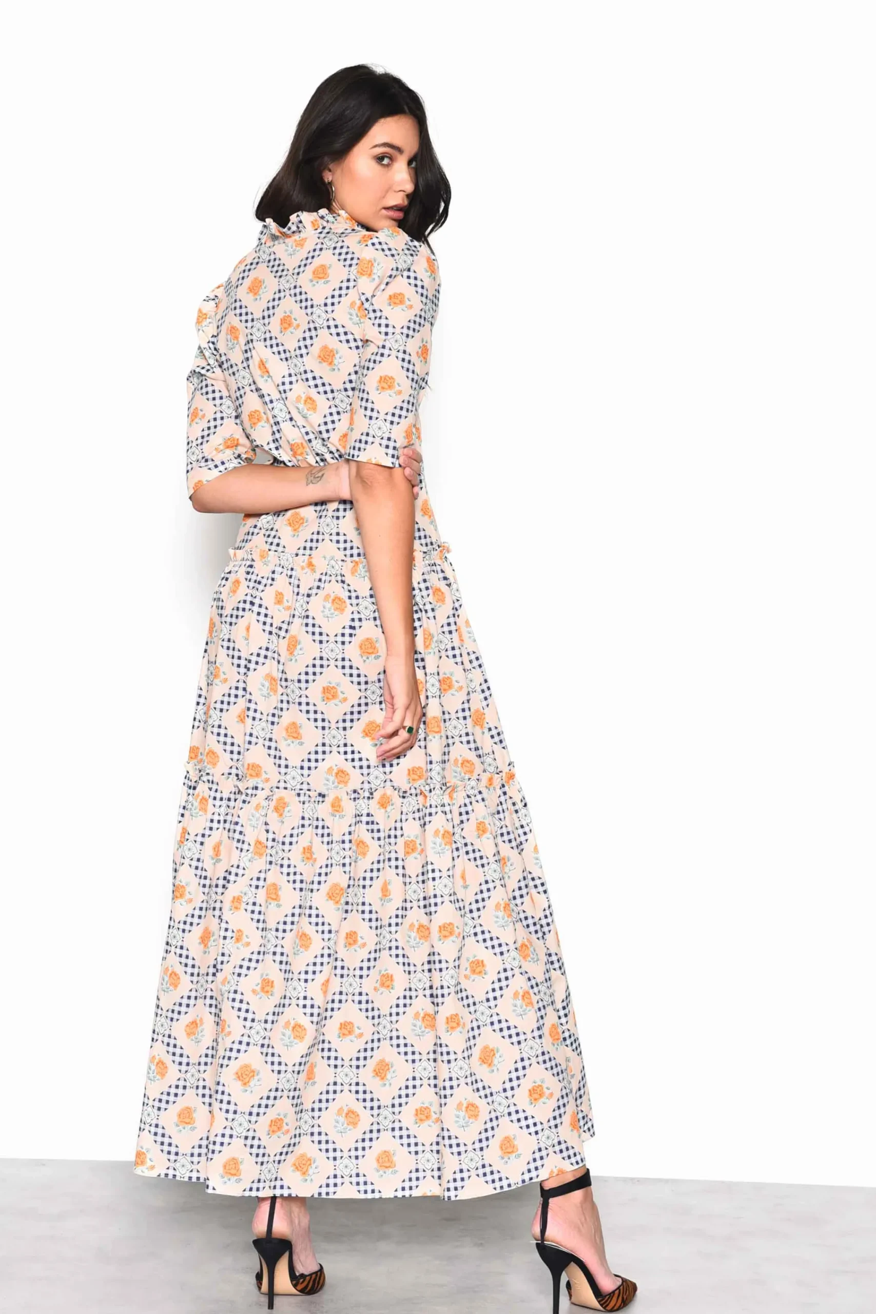 Glamorous Maxi Dresses|Maxi Dresses|Floral Cottage Gingham Tiered Maxi Dress with Frill Neck -