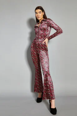 Glamorous Flares|Floral Print Velvet High Waisted Flared Trousers -