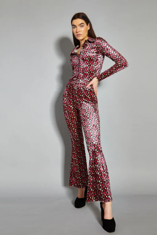 Glamorous Flares|Floral Print Velvet High Waisted Flared Trousers -